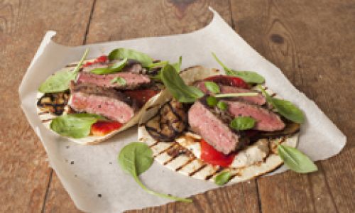 BEEF STEAK WEAP WITH HOMOUS, GRIDDLED AUBERGINE & ROASTED PEPPERS